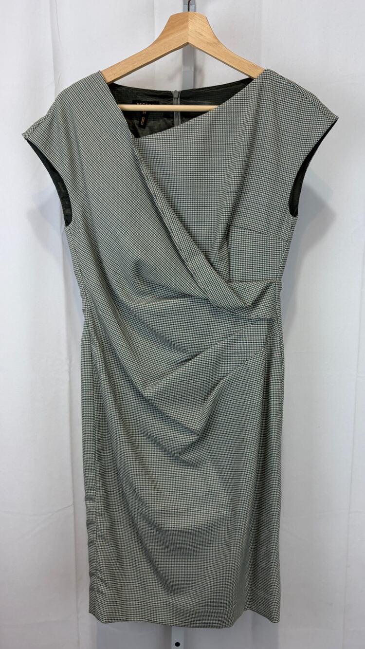 ESCADA Cap Sleeve Draped Sheath Dress Houndstooth Gray Green Size 34 US 4 XS